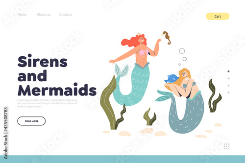 Sirens and mermaids concept of landing page with water nymphs with fish tails underwater