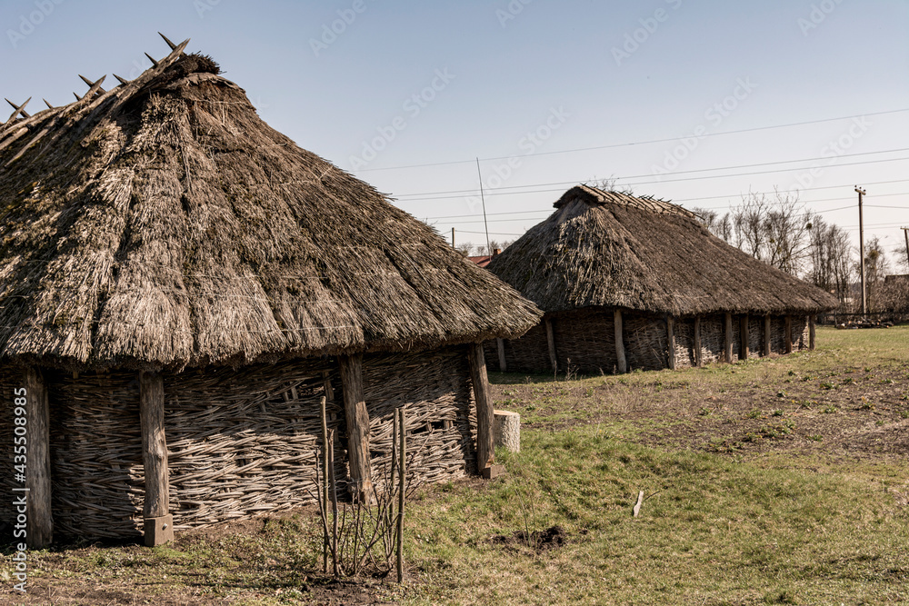 An old rural thatched-roofed farmhouse built of logs.