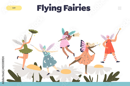 Flying fairies concept of landing page with cute tiny pixies over chamomile flowers