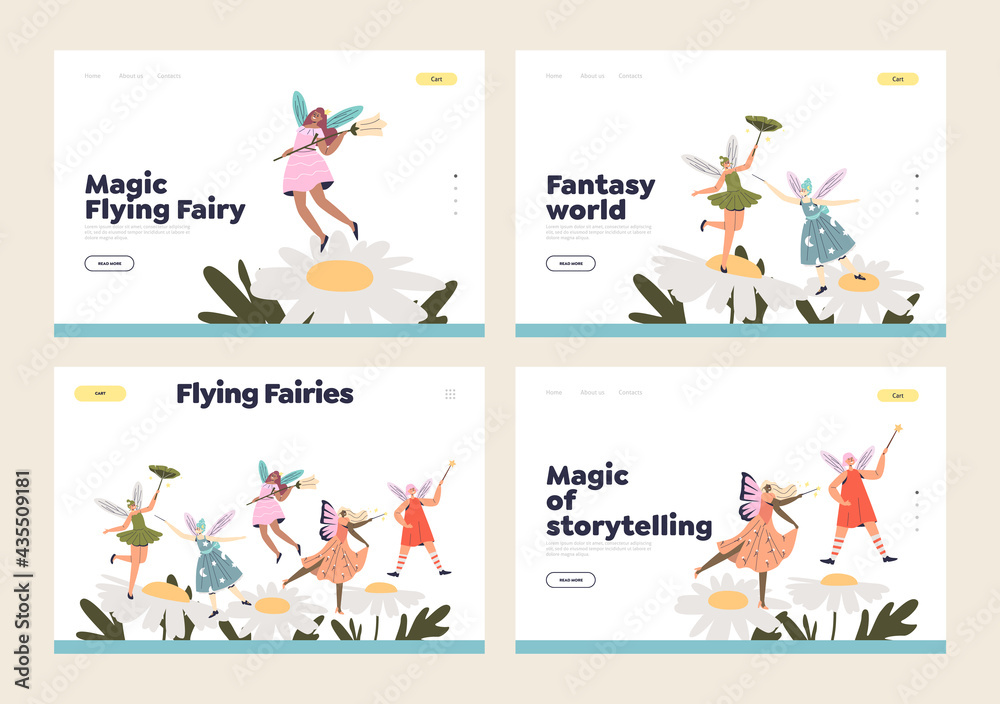 Magic flying fairies set of landing pages with cute cartoon girls elves and forest pixies