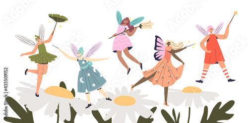 Group of cartoon cute fairies flying over chamomile. Female pixies elf with wings and magic wands