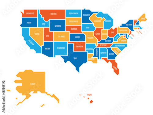 Colorful simplified map of USA, United States of America. Retro style. Geometrical shapes of states with sharp borders. Simple flat vector map with state name labels