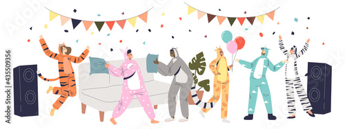 Pajama party with people dressed in onesize kigurumi of different funny animals dance together