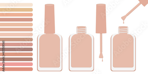 Palette with shades of beige. And three bottles of beige lacquer open and closed