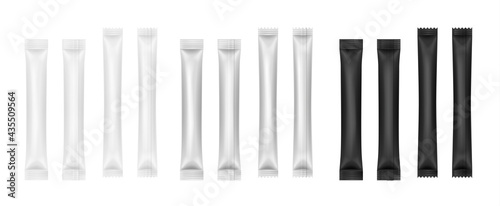 Realistic white black sticks sachet. Long blank package. Drugs, coffee, salt, sugar wrappers mockup