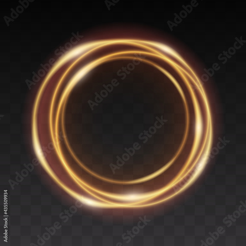 Golden glowing circle. Light line effect of gold circle. Flare fire ring trace. Glitter trail effect