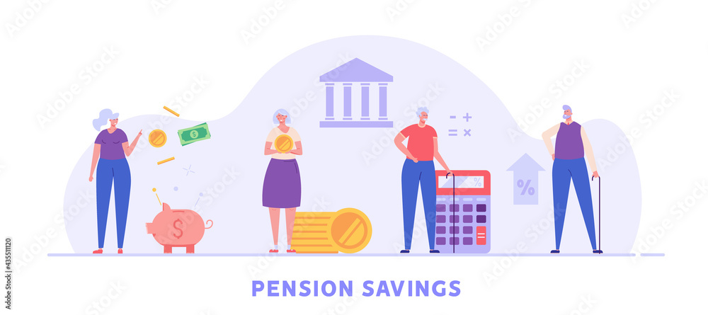 Elderly couple, pensioners are standing next to a calculator, piggy bank and coins. Concept of pension savings, insurance pension, pension  fund, investments. Vector illustration in flat design