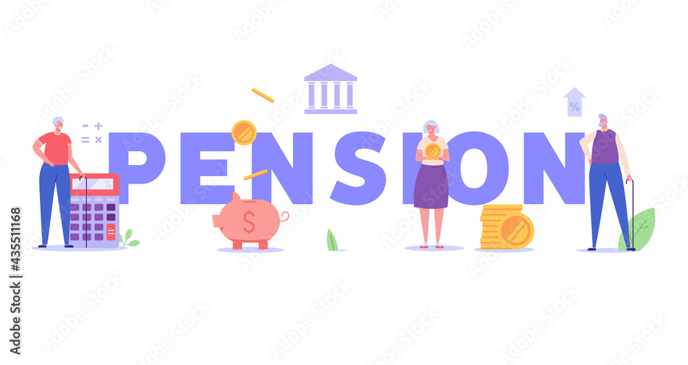 Elderly couple, pensioners are standing next to a calculator, piggy bank and coins. Concept of pension savings, insurance pension, pension fund, investments. Vector illustration in flat design Elderly couple, pensioners are standing next to a calculator, piggy bank and coins. Concept of pension savings, insurance pension, pension fund, investments. Vector illustration in flat design