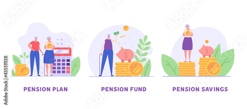 Elderly couple, pensioners are standing next to a calculator, piggy bank and coins. Concept of pension savings, insurance pension, pension fund, investments. Vector illustration in flat design