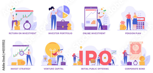 Investment Vector Illustration Set. People Investing Money , Receiving Passive Income, Saving Money. Collection of Investor Portfolio, Pension Plan, Venture Capital, Corporate Bond for Web Design
