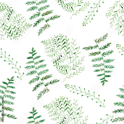 Watercolor pattern with fern leaves. Texture for fabric and wrapping paper. Herbal print.