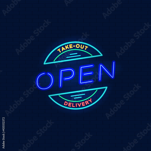 Open for take-out and delivery. Vector illustration in neon style. For signboards, banners and other promotional items.