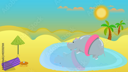 Children's illustration.The hippo swims with an inflatable circle. The concept of safety of children on the water. Cartoon illustration, a hippo swimming in Africa.