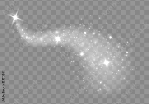 Stardust white sparks from an explosion on transparent background. Magic burst of energy rays. Banner for design. Overlay magic effect glowing traces of sparkle dust star waves. Vector illustration.
