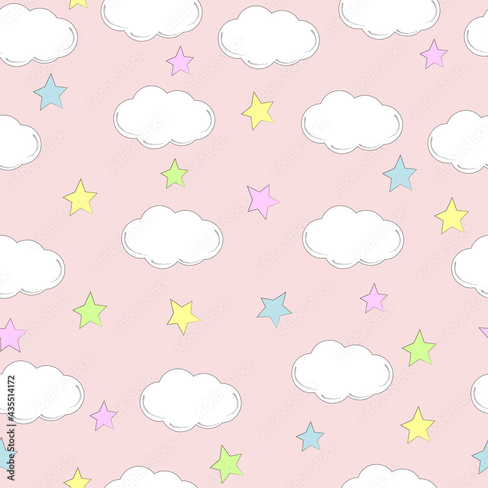 Seamless vector pattern with clouds and stars.