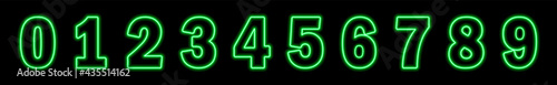 Set of neon green numbers on black background. Learning numbers, serial number, price, place. Symbol collection. Figures