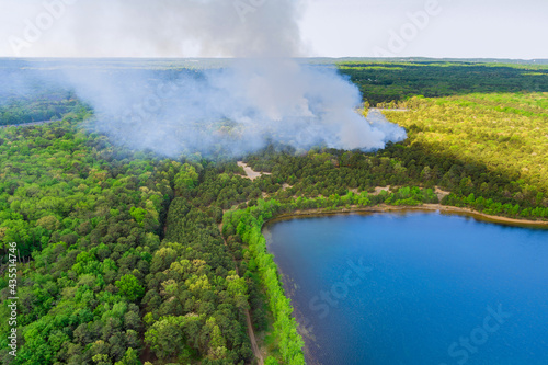 Aerial panorama view of smoke in the forest fire burning trees near pond