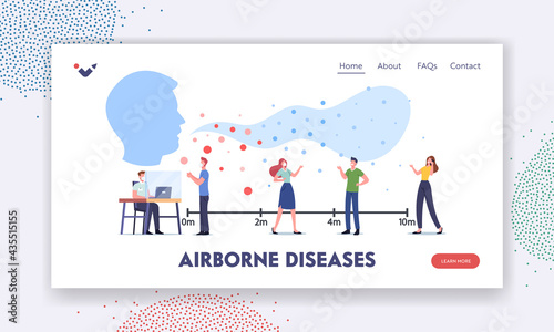 Airborne Disease, Virus Transmission Landing Page Template. Characters Visit Public Place with Flying Contagious Cells