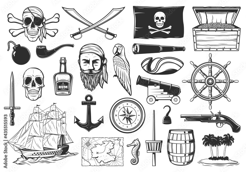 Pirates and treasures map icons, Caribbean island and sea adventure, vector. Pirates flag Merry Roger, anchor and compass, rum barrel and cannon bombs, filibuster hadn hook and parrot with gold chest Pirates and treasures map icons, Caribbean island and sea adventure, vector. Pirates flag Merry Roger, anchor and compass, rum barrel and cannon bombs, filibuster hadn hook and parrot with gold chest