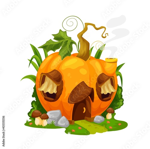 Fairytale pumpkin house, vector gnome or fairy home in ripe orange groud with wood door, curtains on windows and steaming pipe. Fantasy building with green leaf on roof, cute cartoon dwelling for elf photo