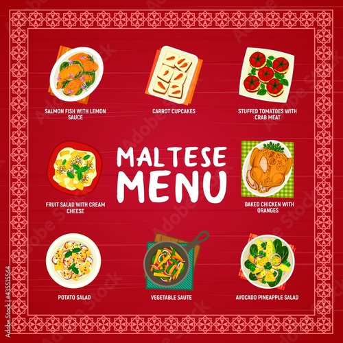Maltese cuisine vector carrot cupcakes, salmon fish with lemon sauce and stuffed tomatoes with crab meat. Fruit salad with cream cheese, baked chicken with oranges and vegetable saute, food of Malta
