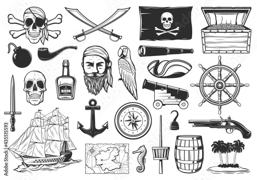 Pirates and treasures map icons, Caribbean island and sea adventure, vector. Pirates flag Merry Roger, anchor and compass, rum barrel and cannon bombs, filibuster hadn hook and parrot with gold chest