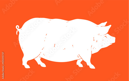 Pig, pork. Vintage logo, retro print for Butchery meat shop, pig silhouette. Logo template for meat business, meat shop. Isolated silhouette pig on white background. Vector Illustration