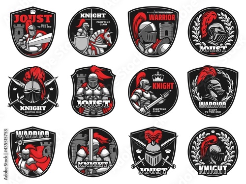 Knights, medieval warriors heraldic icons, vector helmet and shield armor emblems. Medieval knight warrior fight club or joust badges with gladiator knight in red paladin with sword, royal heraldry