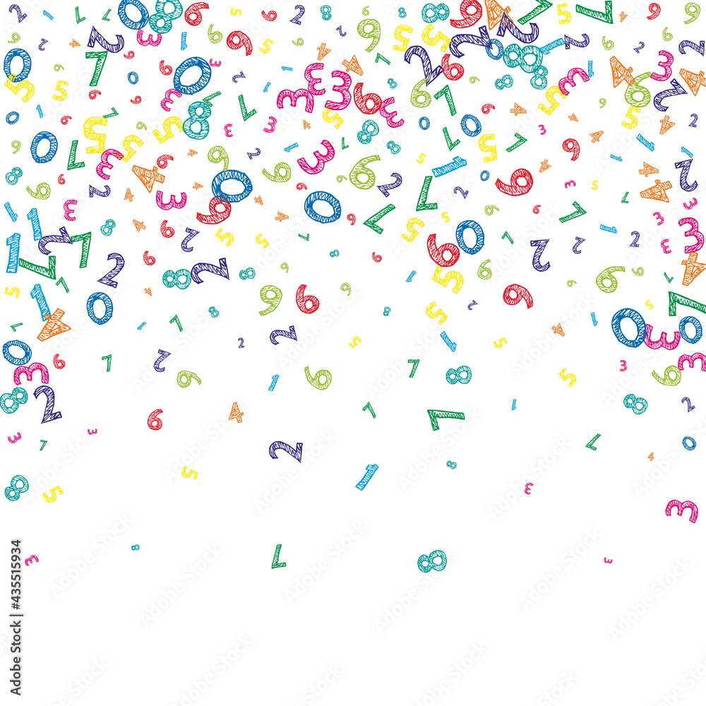 Falling colorful messy numbers. Math study concept with flying digits. Stunning back to school mathematics banner on white background. Falling numbers vector illustration.
