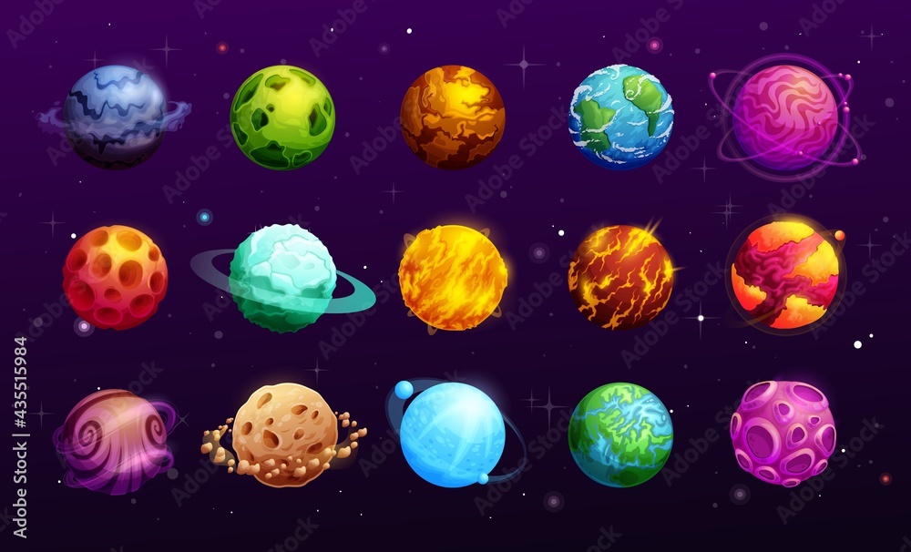 Cartoon space planets of vector fantasy alien galaxy universe, space ...