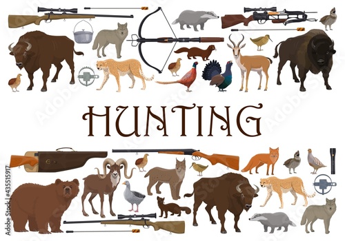 Hunting sport animals and guns, hunter weapons and safari trophy, vector. Hunt open season wild animals and rifle guns for bear, wildfowl pheasant and African safari cheetah or duck, hunt equipment