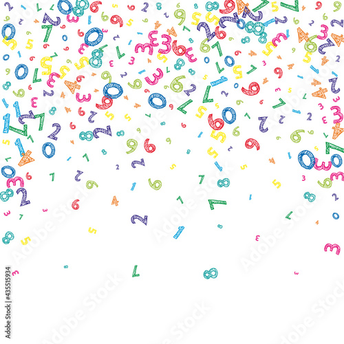 Falling colorful messy numbers. Math study concept with flying digits. Stunning back to school mathematics banner on white background. Falling numbers vector illustration.