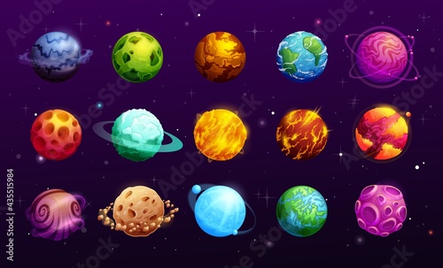 Cartoon space planets of vector fantasy alien galaxy universe, space game ui or gui. Planets and stars on dark sky with asteroid rings or belts, orbit halo and meteors, magma, craters, rock surfaces