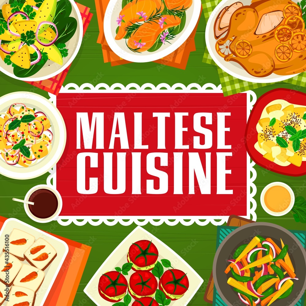 Maltese cuisine vector carrot cupcakes, salmon fish with lemon sauce and stuffed tomatoes with crab meat. Fruit salad with cream cheese, vegetable saute and avocado pineapple salad, Malta meals poster Maltese cuisine vector carrot cupcakes, salmon fish with lemon sauce and stuffed tomatoes with crab meat. Fruit salad with cream cheese, vegetable saute and avocado pineapple salad, Malta meals poster