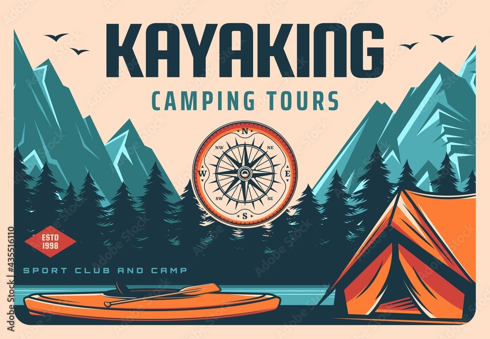 Kayaking and camping tours retro banner. Recreation activity trip, rafting  on river in wild. Hiking and outdoor travel club vintage poster with kayak,  tourists tent on mountain river or lake shore Stock