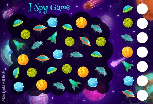 Fototapeta Naklejka Na Ścianę i Meble -  I spy kids game with cartoon space ships, planets and ufo. Vector riddle how many rockets and alien saucers, children test, educational task with spaceships and planets. Worksheet for mind development