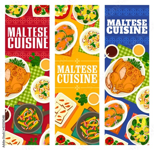 Maltese cuisine vector vegetable saute, avocado pineapple salad and carrot cupcakes, stuffed tomatoes with crab meat. Fruit salad with cream cheese, baked chicken with oranges, food of Malta banners
