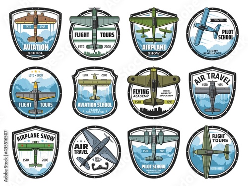 Aviation school vector icons. Vintage planes with propellers flying in sky, airplane pilot training, tours and commercial flights. Airplane show, educational courses, air trips or fliers academy