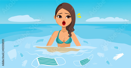 Shocked woman on beach surrounded by used medical face masks and gloves