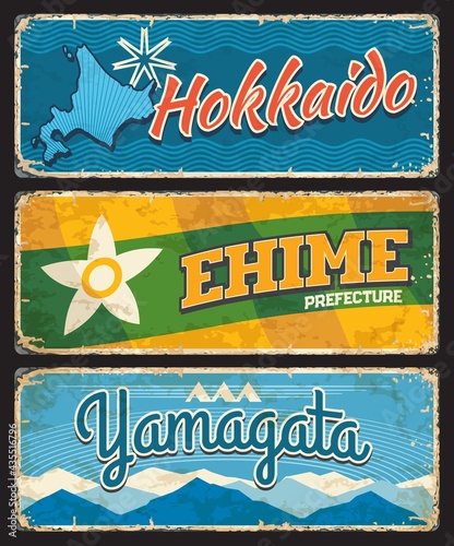 Hokkaido, Ehime and Yamagata tin vector plates, Japan prefecture grunge signs. Japanese region vintage metal plates with territory silhouettes and symbols. Asian trip memories retro sign