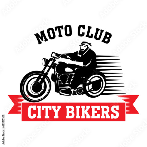 Motorcycle club logo. Emblem design. Red and black illustration of a biker rides a motorcycle. Vector graphics