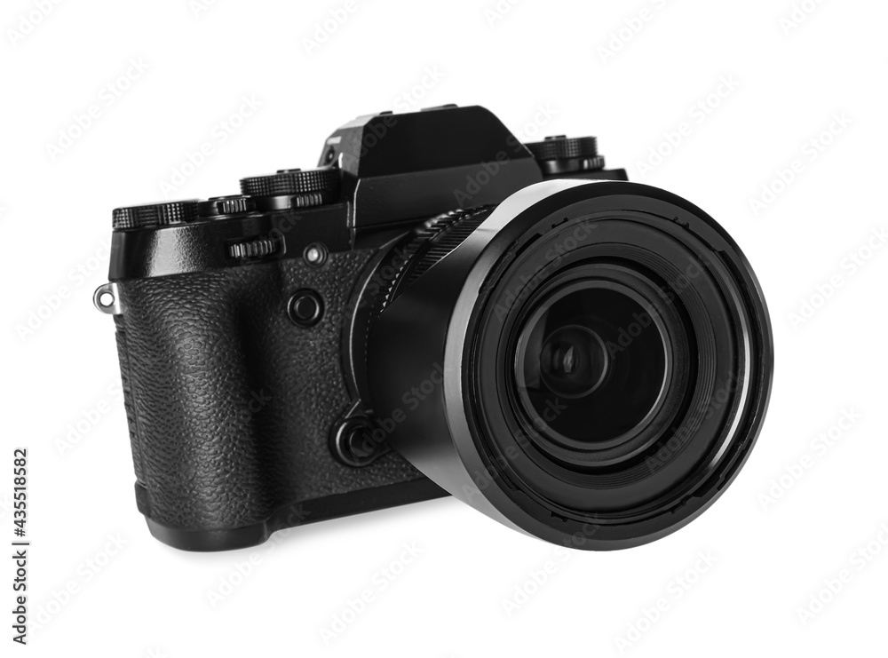 Modern digital camera isolated on white. Photography equipment
