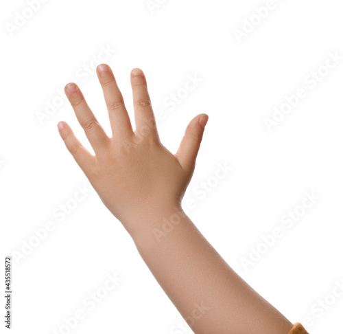 Fotografie Little child against white background, closeup on hand