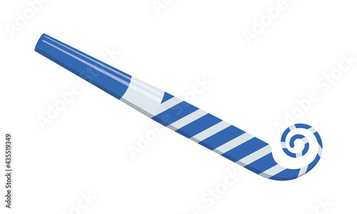 Unrolling party horn, sound whistle, birthday blower. Striped blue and silver noise maker isolated on white background. Side view. Vector cartoon illustration.