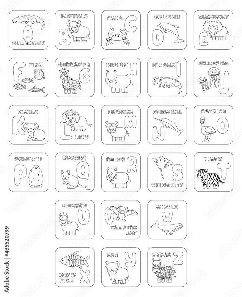 Set of black white ABC cards with pictures. Vector outline Illustration for children school textbook. Alligator buffalo crab dolphin fish giraffe hippo koala lion Muskox ostrich penguin rhino whale Set of black white ABC cards with pictures. Vector outline Illustration for children school textbook. Alligator buffalo crab dolphin fish giraffe hippo koala lion Muskox ostrich penguin rhino whale