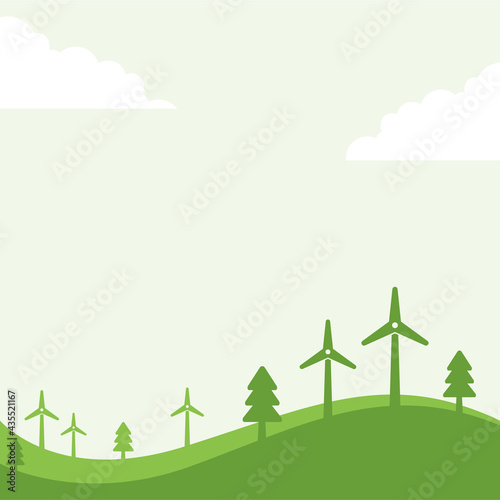 Wind turbine renewable energy background vector illustration in flat style. Suitable for web banners, social media, postcard, and many more.