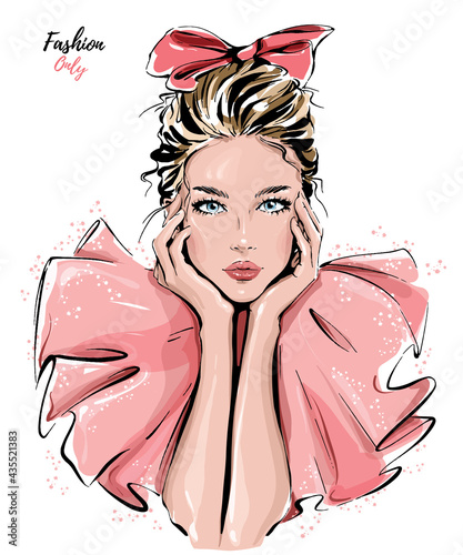 Beautiful girl with bow on her head. Fashion girl. Stylish blond hair woman. Vector illustration.