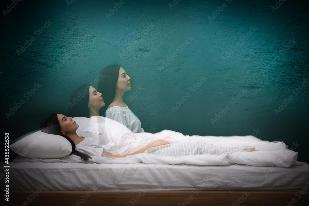 Somnambulist rising from bed near green wall indoors, multiple exposure