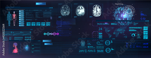 Sci-fi cyberpunk dashboard with world map, medical data, code, data and graphs and charts. Computer screens in futuristic HUD style. Hacker's desktop. Futuristic User Interface and HUD screens. Vector