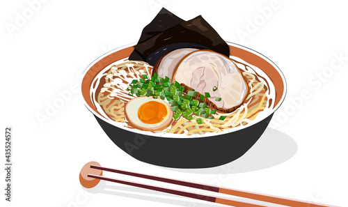 Pork ramen with boiled egg and seaweed. Isolated bowl of pork ramen and chopsticks on white background. Close up drawing vector illustration. Anime asian food. 